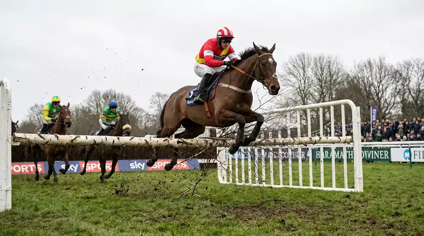 Horse and jockey clearing a birch hurdle during a National Hunt race on soft ground