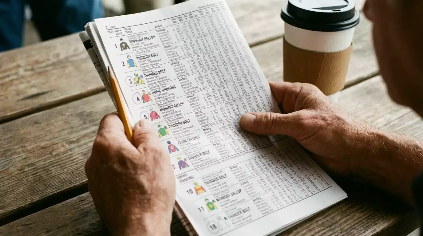 Close-up of a printed horse racing racecard with form figures and going data highlighted