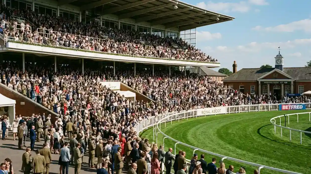 Crowded grandstand at a British racecourse during a major meeting with horses racing on the turf track